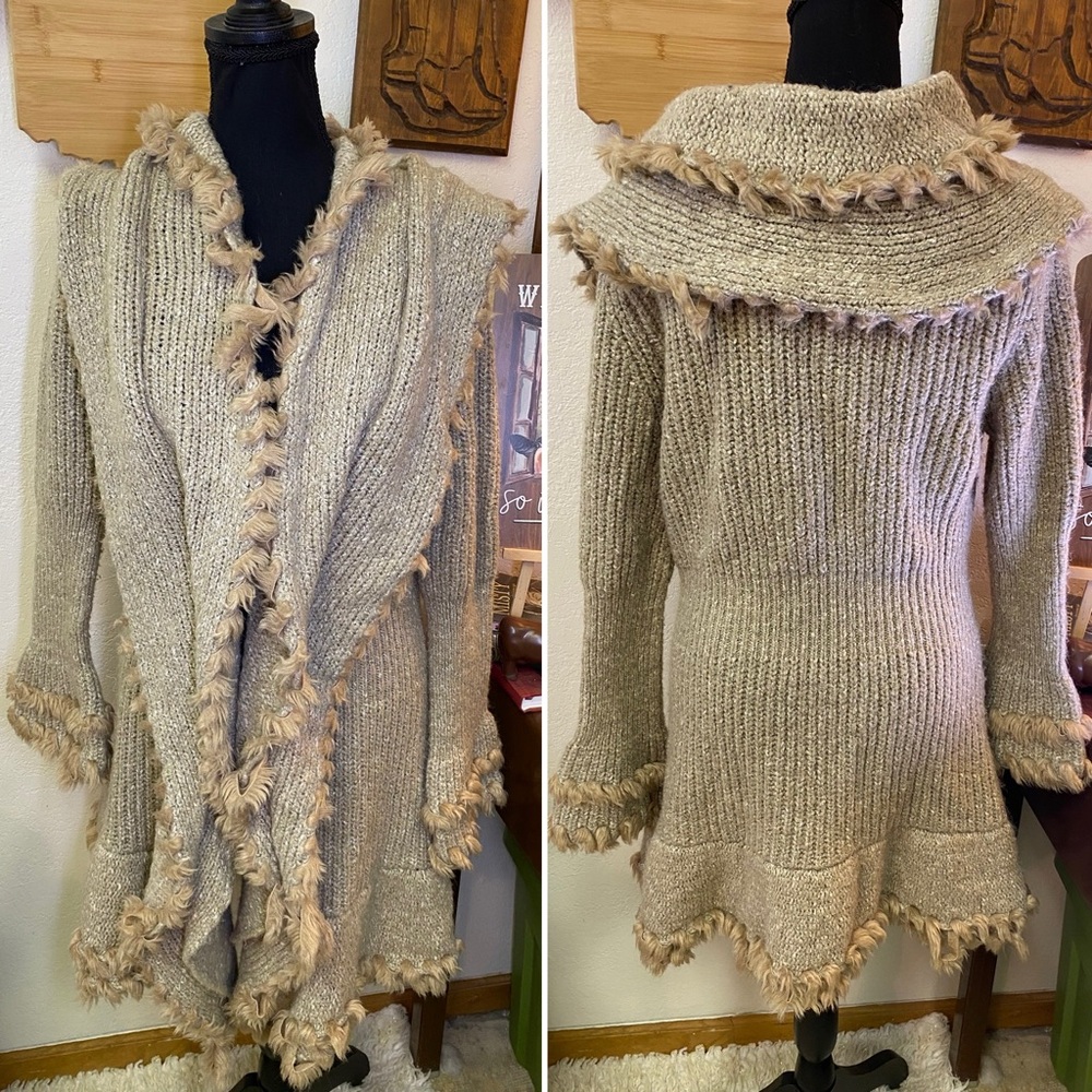 K Jordan Penny Lane Cardigan Faux Fur Trim Bell Sleeves Boho Hippie Festival MED